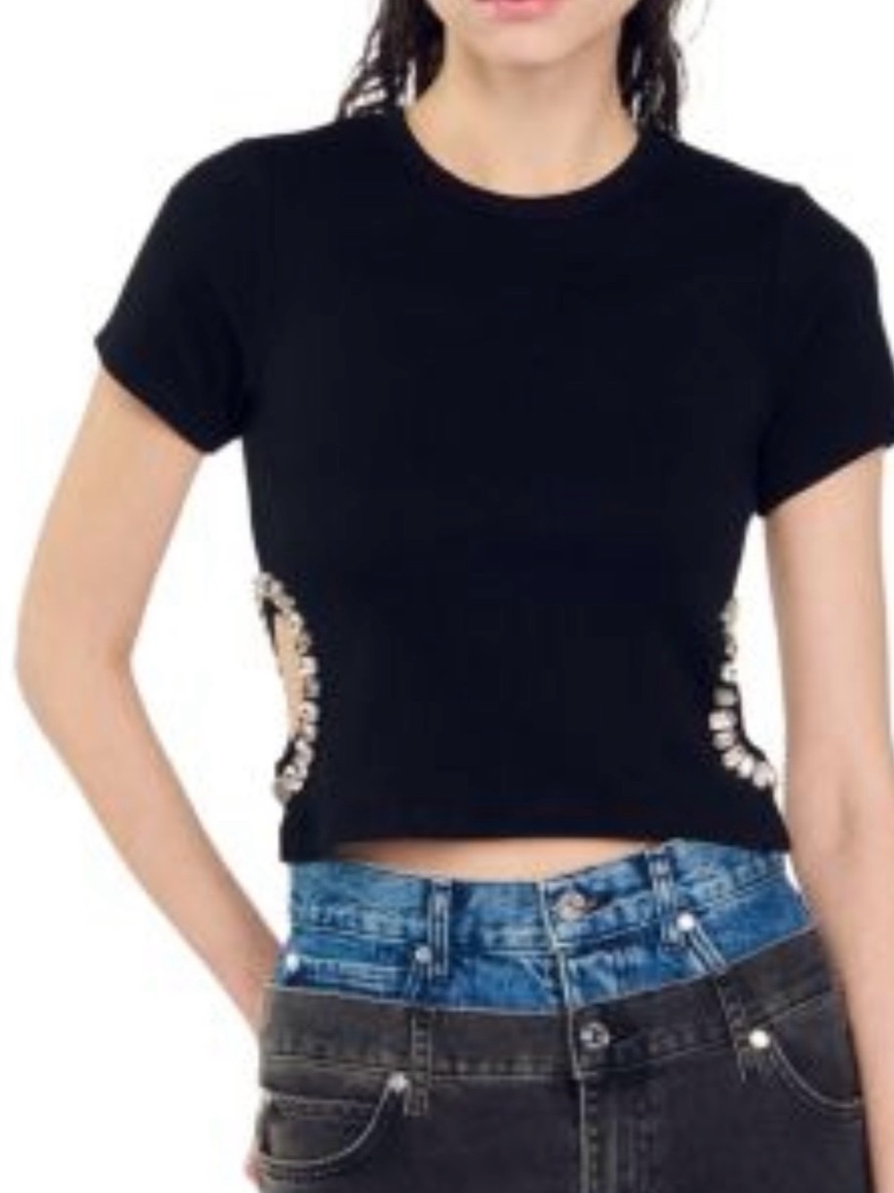 Sandro Black Cropped Tee with Side Crystal Embellishments